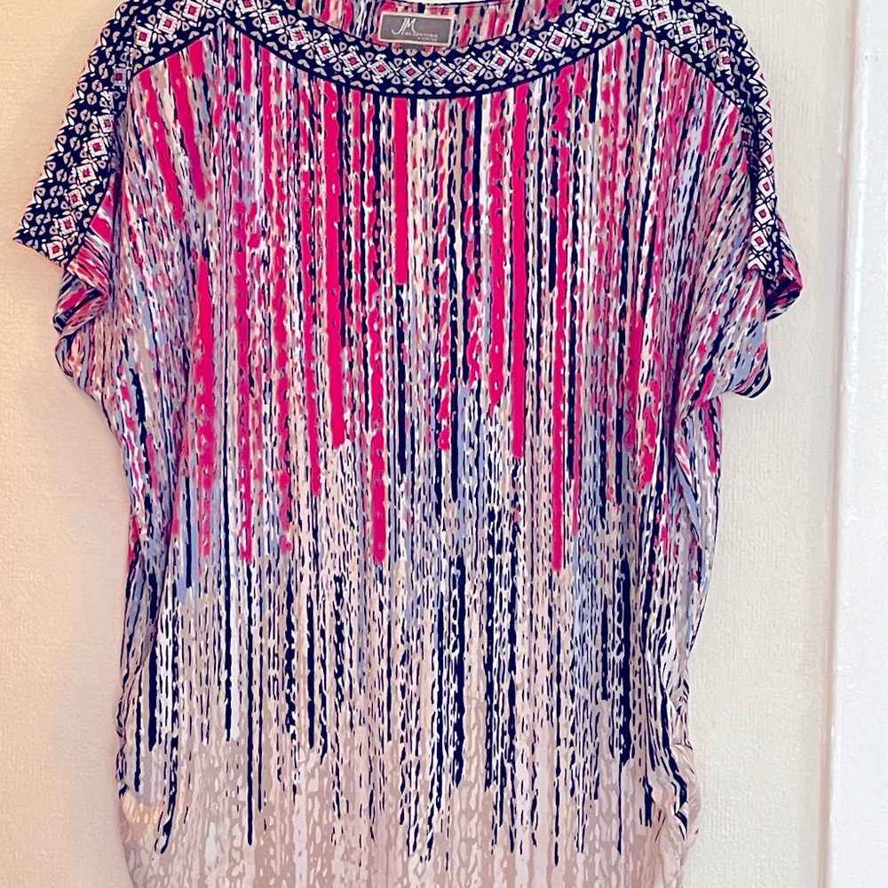 Pink top, with navy/white/tan blend; Sparkly trim arm/neckline.